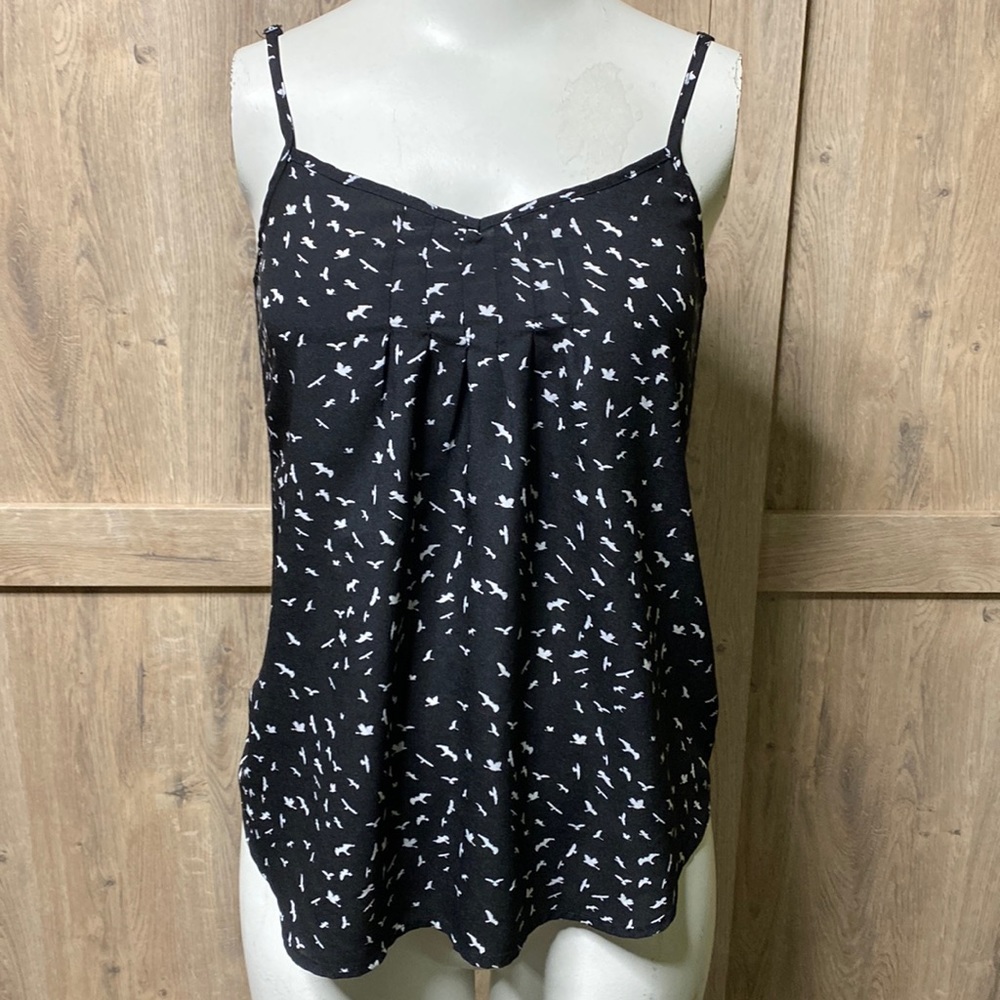 Weavers brand basic thin strap Tank Top Black with White sparrow bird silhouette